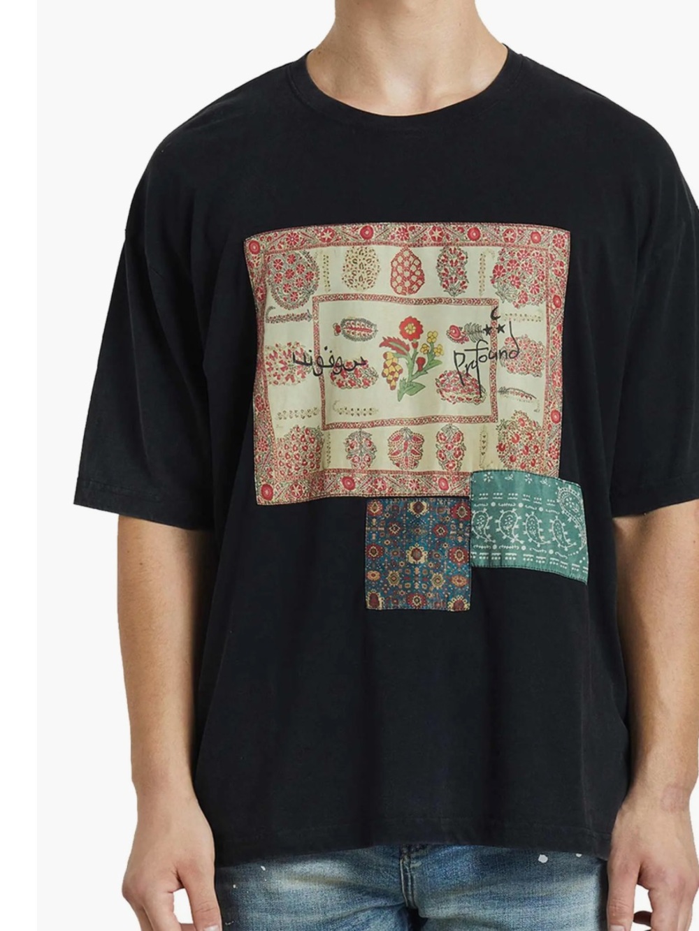 Profound XXL Patchwork Scarf Graphic Oversized Washed Black T-Shirt